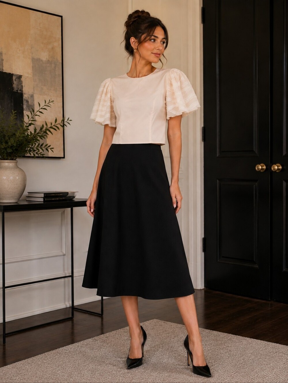 Fab'rik Puff-Sleeve Cream Blouse with Textured Lace Sleeves